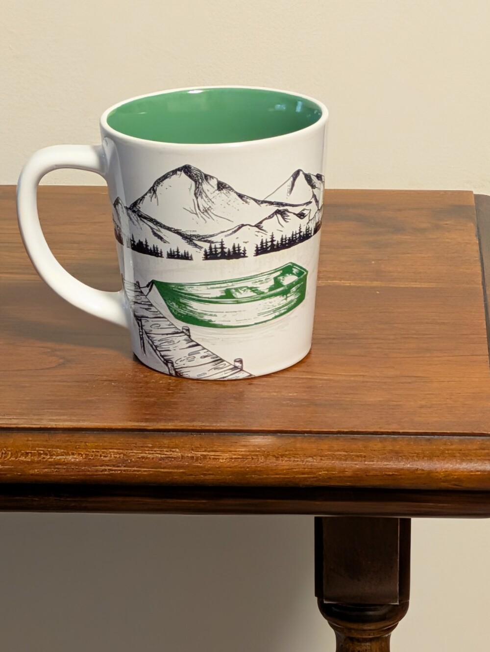Tim Hortons Mug Rocky Mountain Boat Water Scene White Green Black 2018